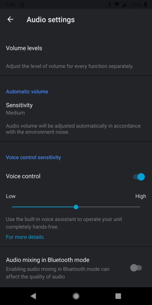 PT Bold, Cardo Connect App, sample audio settings screen