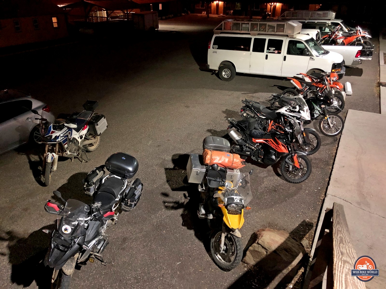 A parking lot full of bikes at the hotel in Challis I stayed at.