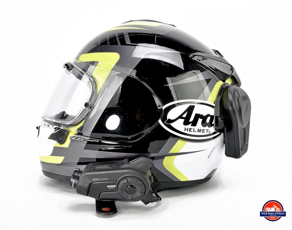 My Arai DT-X with a Sena 10C Pro and Domio Moto mounted on it.