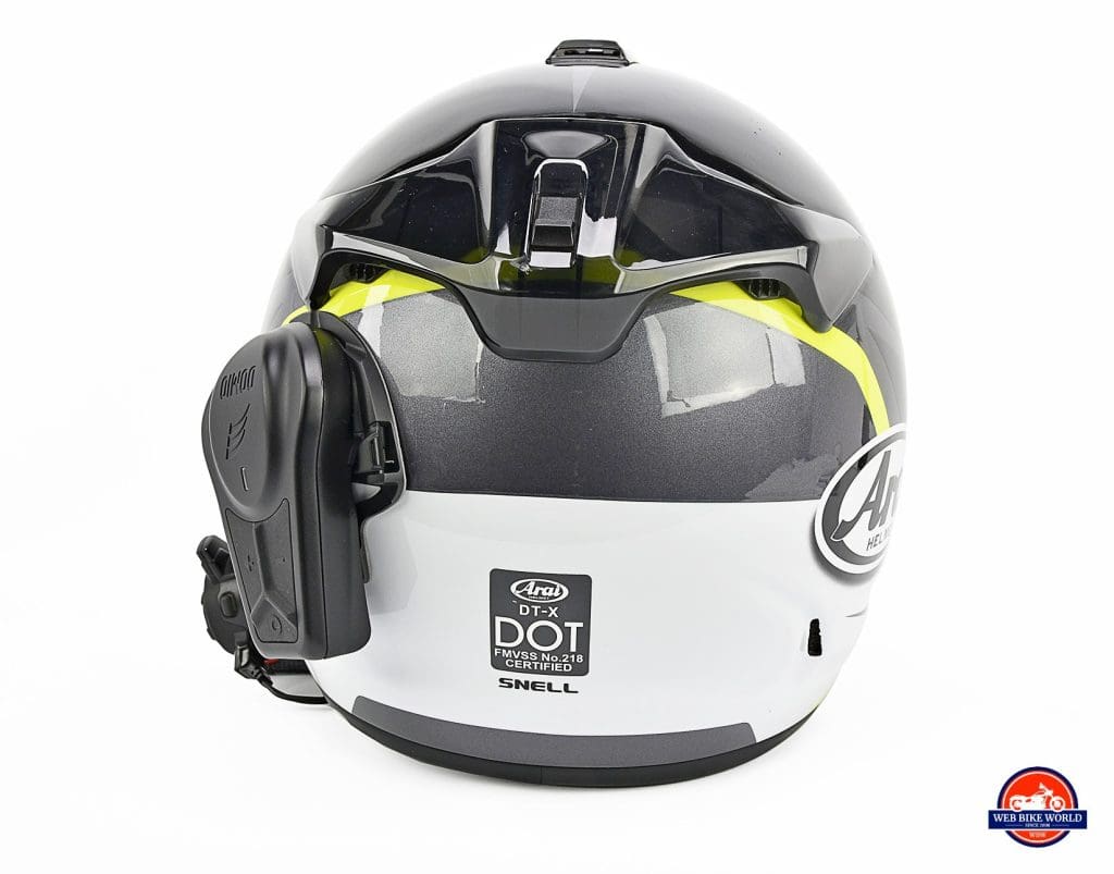 The Domio Moto mounted on an Arai DT-X helmet.