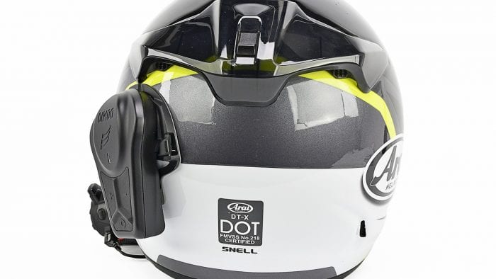 The Domio Moto mounted on an Arai DT-X helmet.