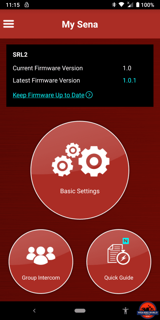 Sena SRL2 BT, Sena Utility App, Screenshots, 2 of 6