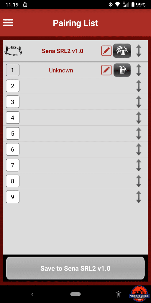 Sena SRL2 BT, Sena Utility App, Pairing List, Screenshots, 6 of 6