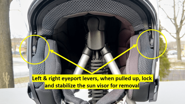 Shoei J-Cruise II, small recessed levers on each side used to lock sun visor down for removal, labelled