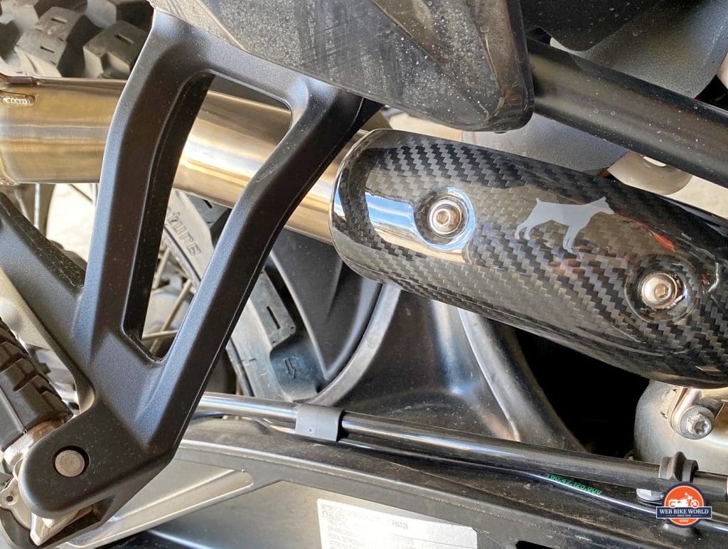 Carbon fiber heat shield on The Dobermann Performance Slip-On Exhaust.