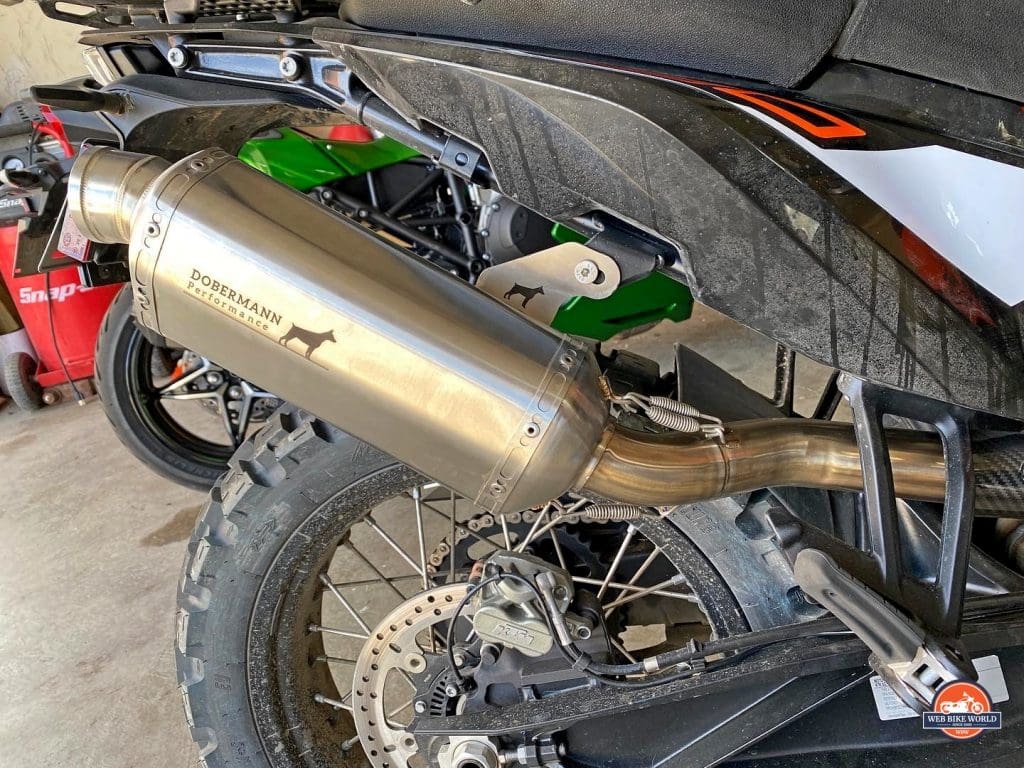 The Dobermann Performance exhaust has changed color to a bronze or brass from the original stainless steel silver.