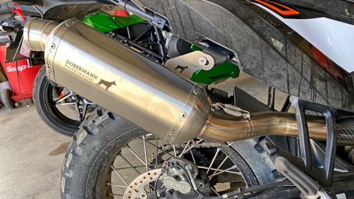 The Dobermann Performance exhaust has changed color to a bronze or brass from the original stainless steel silver.