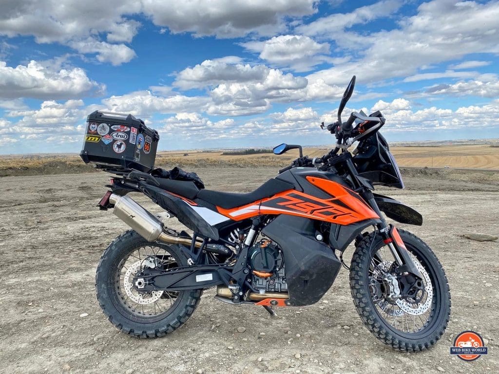 A 2019 KTM 790 Adventure S with the Dobermann Performance exhaust slip on installed.