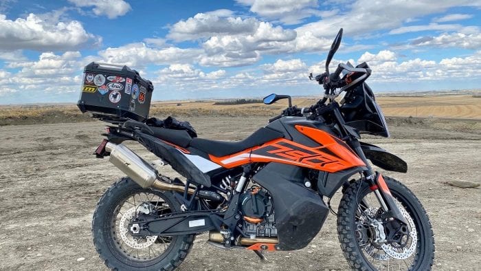 A 2019 KTM 790 Adventure S with the Dobermann Performance exhaust slip on installed.