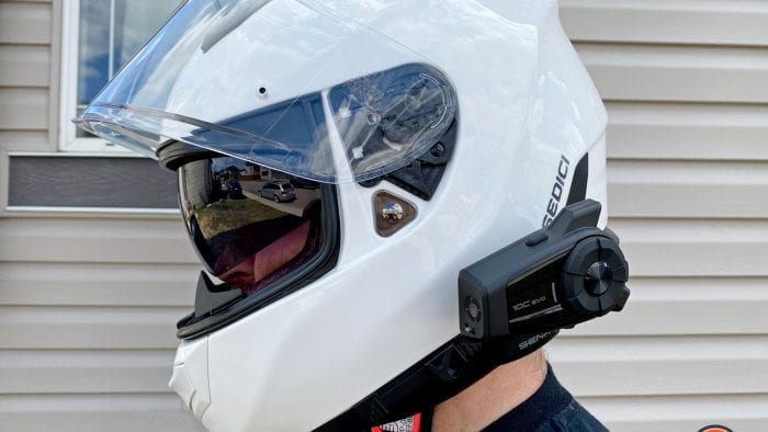 The Sedici Strada II helmet with a Sena 10C Evo installed on it. The Sedici Strada II helmet with a Sena 10C Evo installed on it.