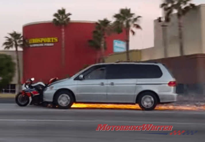 It seems shocking amazing that the rider in this hit-and-run incident on an LA freeway received only minor injuries.