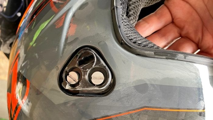 Damaged screw heads in the visor mount of the Klim Krios Pro. Damaged screw heads in the visor mount of the Klim Krios Pro.