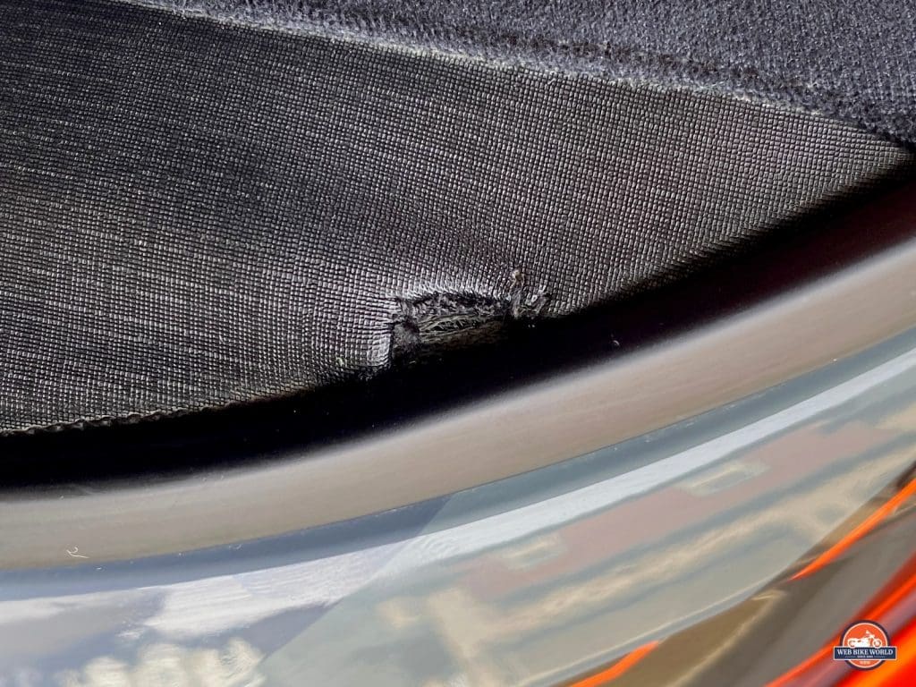 A blemish on the neckroll of the Klim Krios Pro helmet.