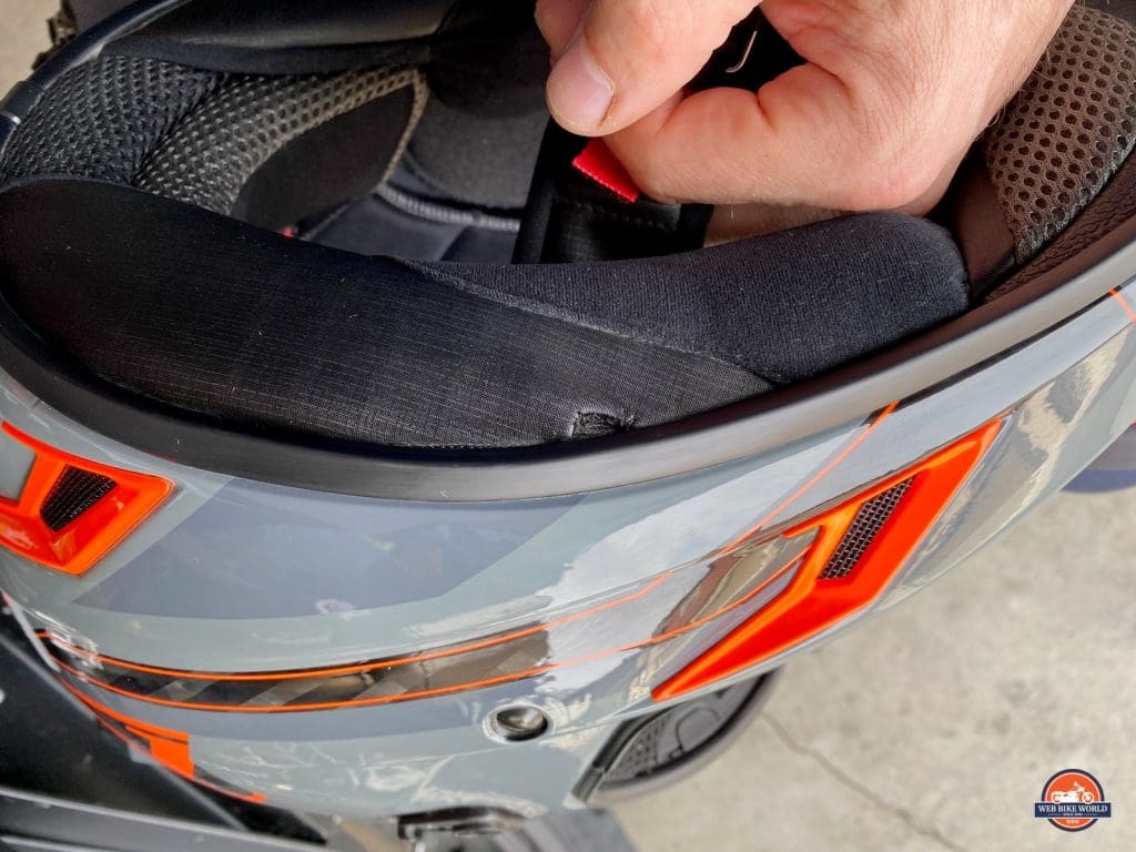 A blemish on the neckroll of the Klim Krios Pro helmet.