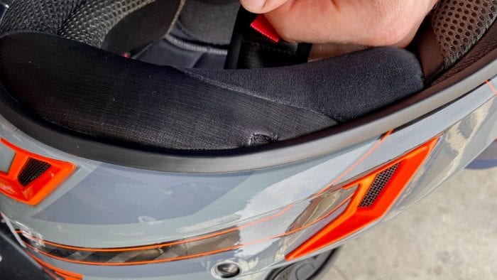 A blemish on the neckroll of the Klim Krios Pro helmet.