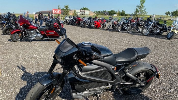 The Harley Davidson LiveWire at a bike night event.