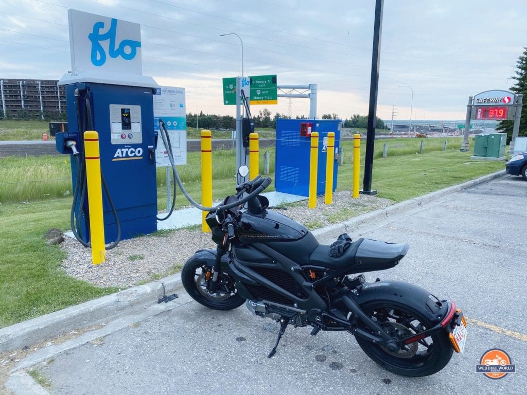 The Harley Davidson LiveWire charging at a fast charge station.