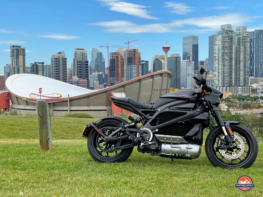 The Harley Davidson LiveWire in front of the Calgary Saddle Dome