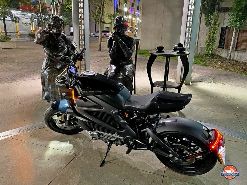 Night shot of the 2020 Harley Davidson Livewire.