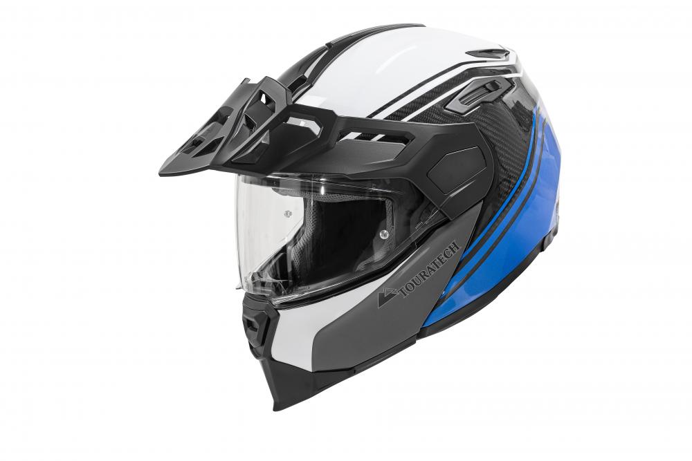 Black, white, and blue Touratech Aventuro Traveller helmet.