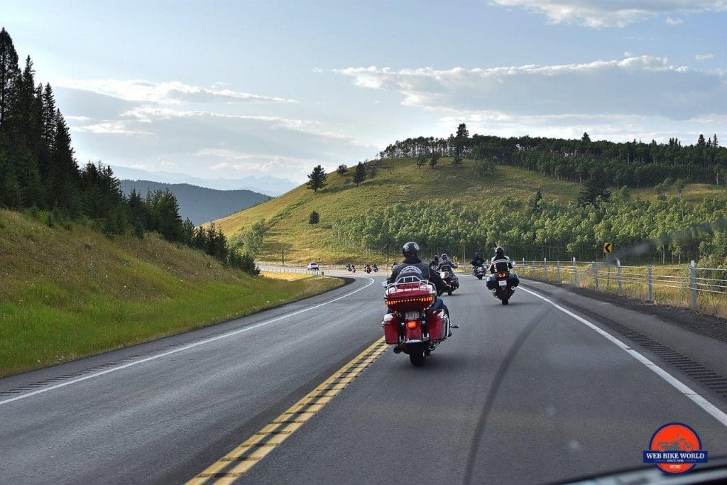 Motorcycles riding on Highway 22 near Longview, Alberta.