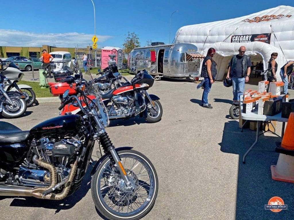 Motorcycles parked at the Calgary Harley Davidson parking lot.