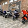 Harley motorcycles on display inside Calgary Harley Davidson.