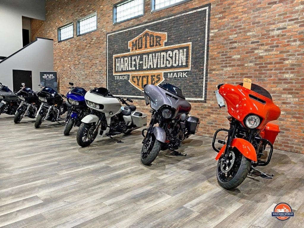 Harley motorcycles on display inside Calgary Harley Davidson.