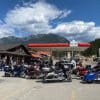 Motorcycles parked at a Petro Canada gas station in Radium, British Columbia.