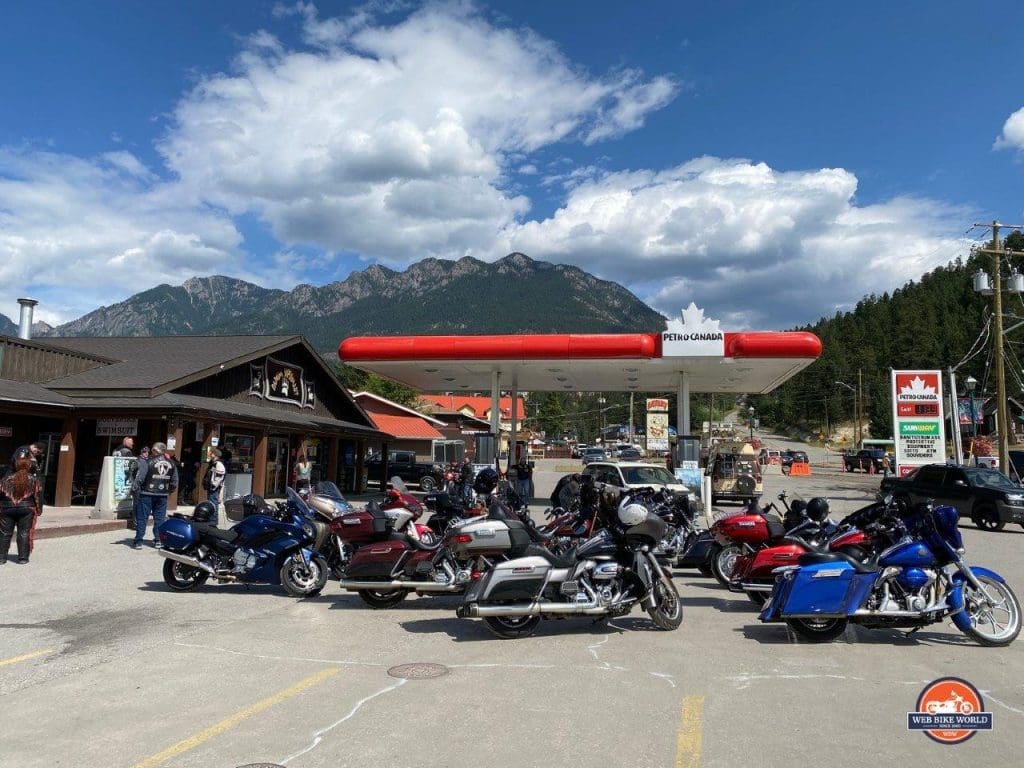 Motorcycles parked at a Petro Canada gas station in Radium, British Columbia.