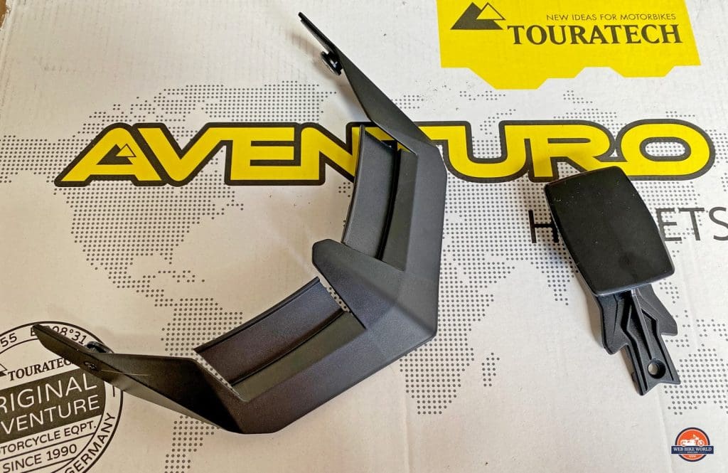 Front side of sun peak extension and GoPro mount for the Touratech Aventuro Traveller Carbon.