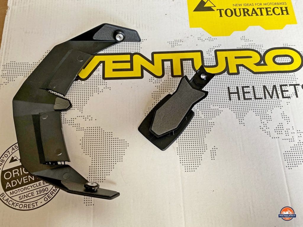 Back side of sun peak extension and GoPro mount for the Touratech Aventuro Traveller Carbon.