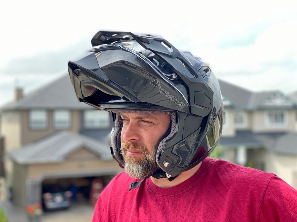 Rider wearing the Touratech Aventuro Traveller helmet.