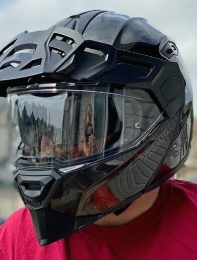 Touratech Aventuro Traveller Carbon helmet with closed visor.