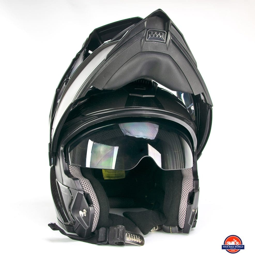 The integrated sun visor on the Touratech Aventuro Traveller Carbon.