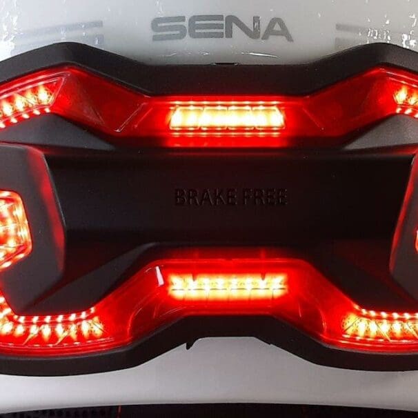 Brake Free Wireless Helmet Light mounted onto Sena helmet