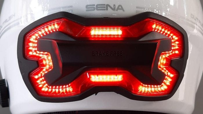 Brake Free Wireless Helmet Light mounted onto Sena helmet