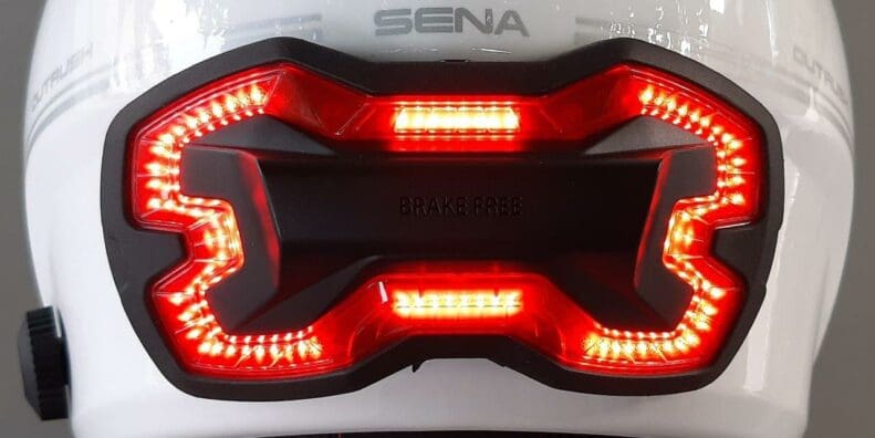 Brake Free Wireless Helmet Light mounted onto Sena helmet