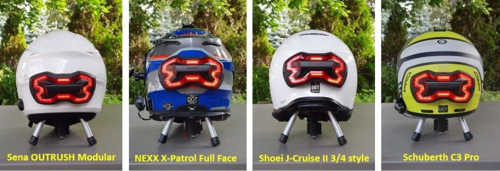 Brake Free Wireless Helmet Light mounted on various helmets