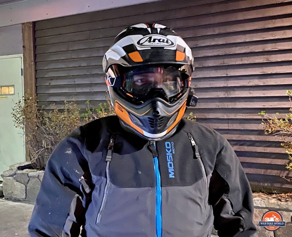 Jim Pruner wearing the Arai XD-4 with Klim Viper goggles and a Mosko Moto Basilisk jacket.