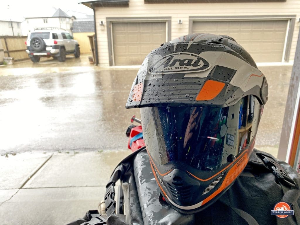 The Arai XD-4 with beading water on it after riding in the rain.