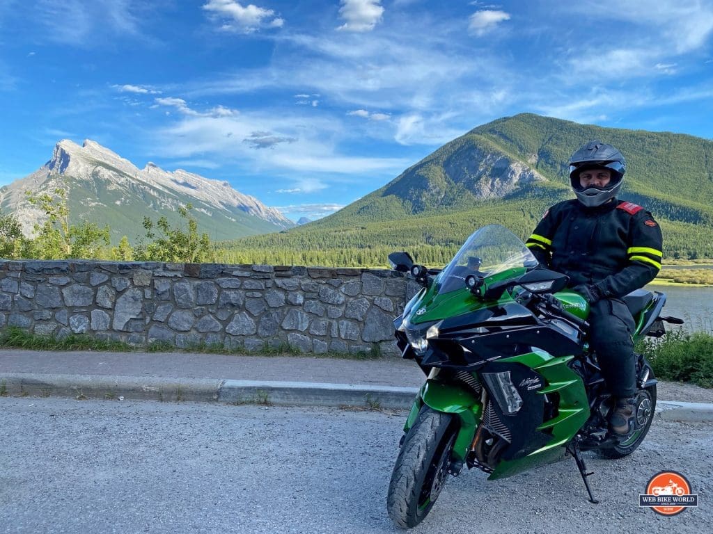 Me on my Kawasaki Ninja H2SX SE while wearing the Shoei Hornet X2 helmet near Banff, Alberta.