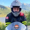 Jim Pruner wearing the Shoei Hornet X2 helmet and a Motoport USA jacket near Banff, Alberta.