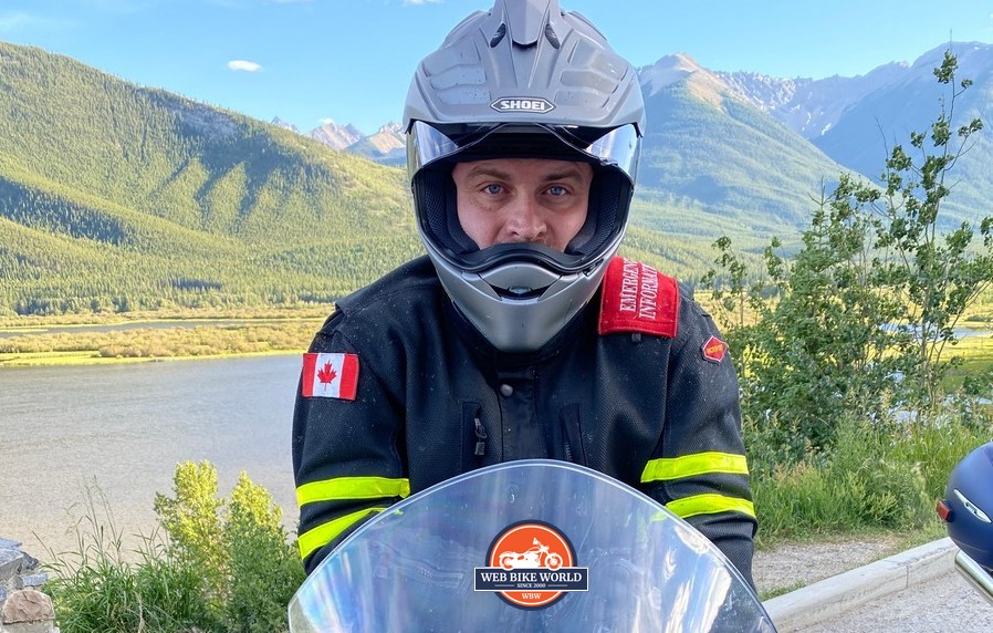 Jim Pruner wearing the Shoei Hornet X2 helmet and a Motoport USA jacket near Banff, Alberta.