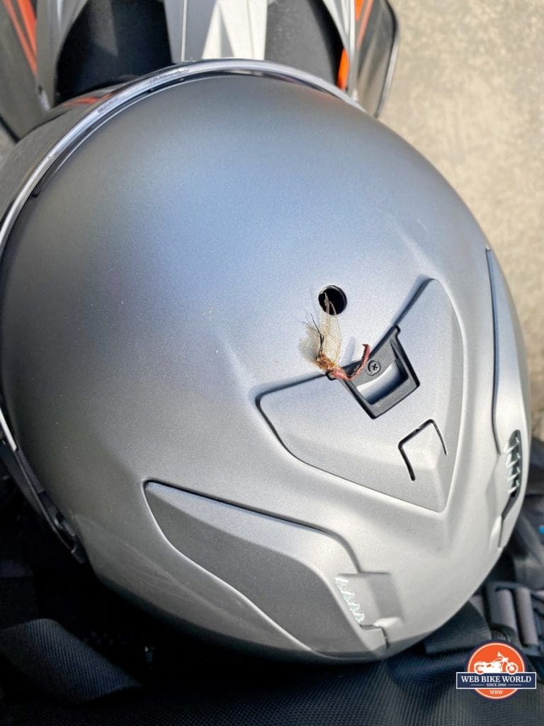 Top view of Shoei Hornet X2 with insect carcass stuck in the upper vent.