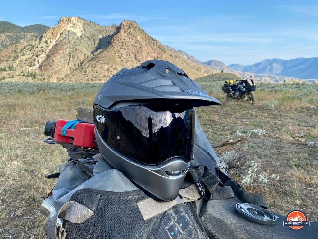 The Shoei Hornet X2 off road sitting on Mosko Moto luggage.