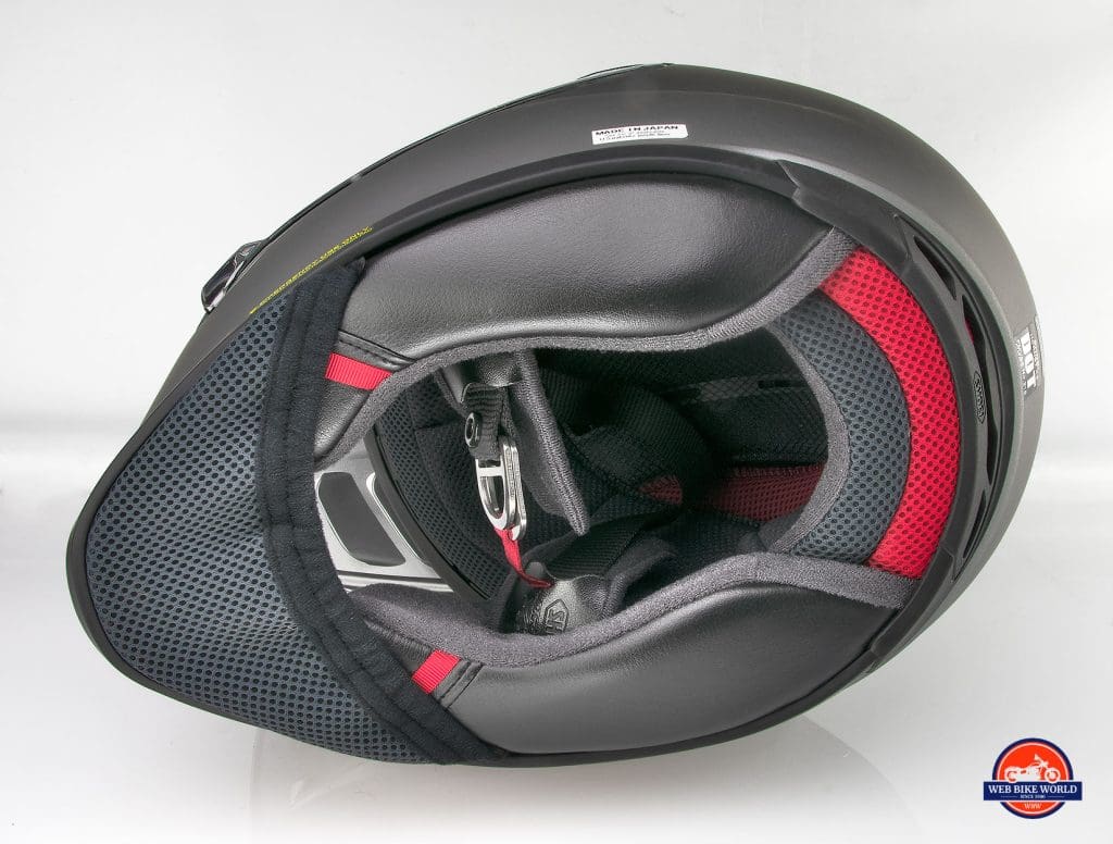 The neckroll opening on the Shoei Hornet X2 helmet.