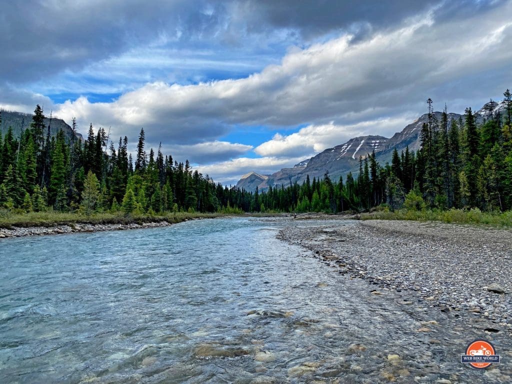 A stream running through the forests of Alberta, Canada with the Canadian Rockies in the background.