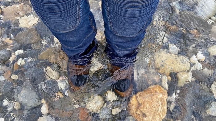 The Joe Rocket Canada Whistler Adventure boots submerged in a stream. The Joe Rocket Canada Whistler Adventure boots submerged in a stream.