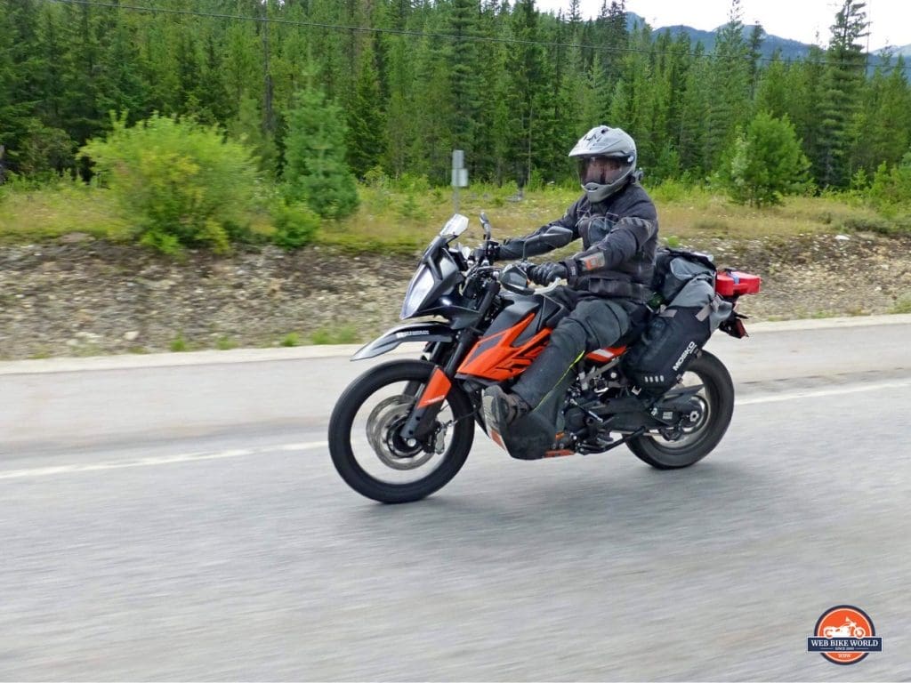 Jim Pruner riding a 790 adventure while wearing the Joe Rocket Canada Whistler Adventure boots.